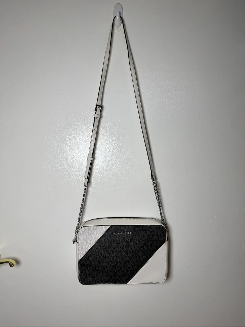 Michael Kors Black and White Diagonal Colorblock Messenger Bag